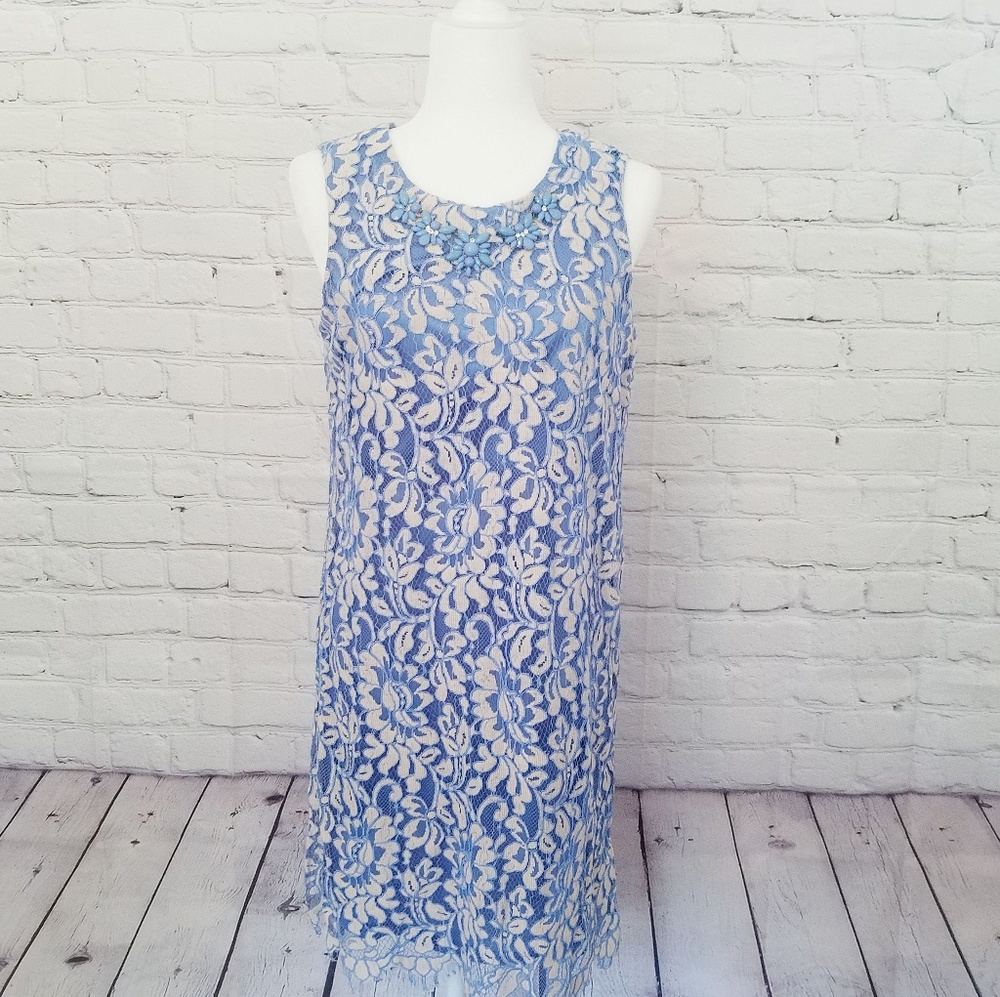 NWT Belle france Size 8 Blue Lace Sleeveless Dress